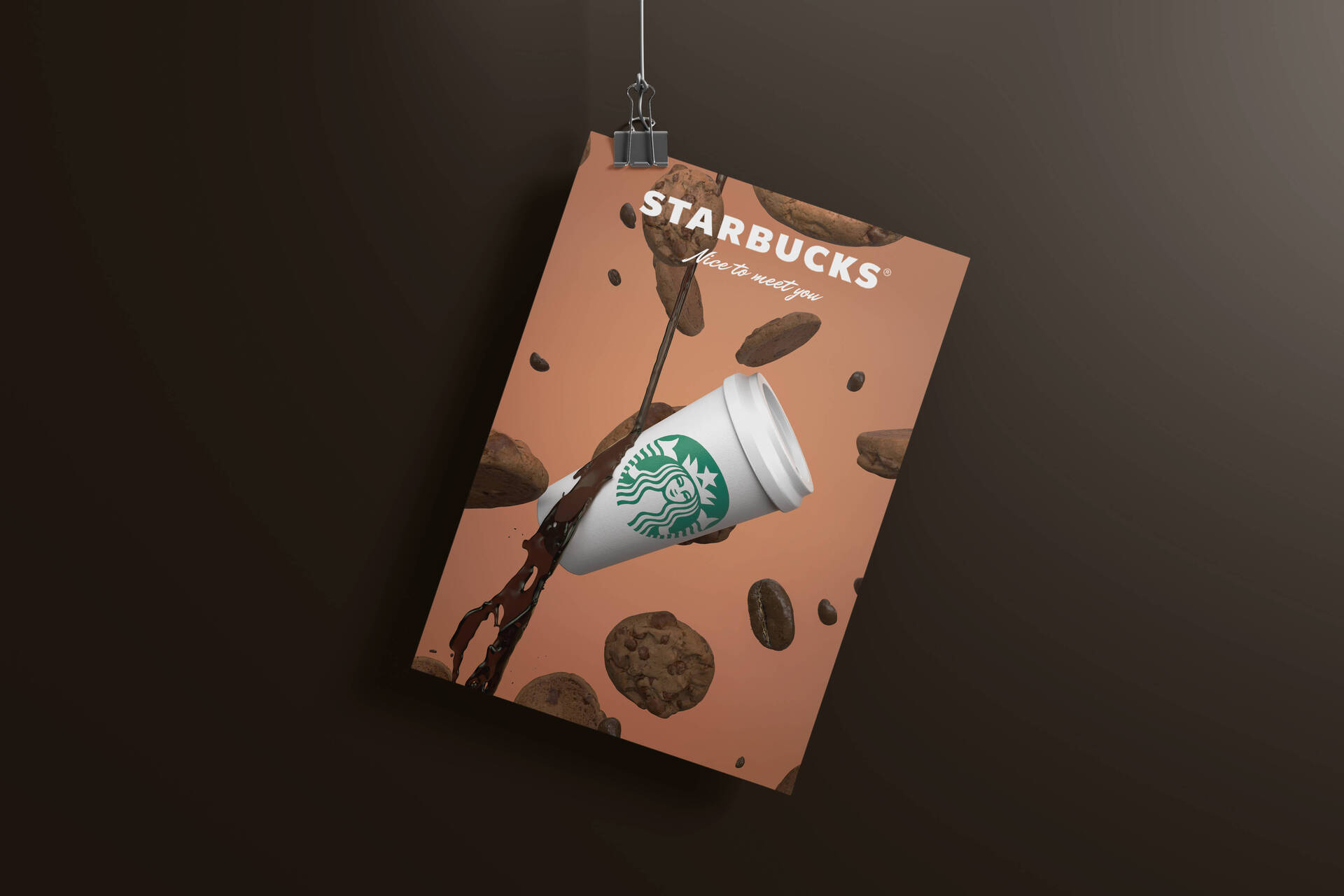 Mockup de un cartel con el diseño 3D de galletas y café del Starbucks
