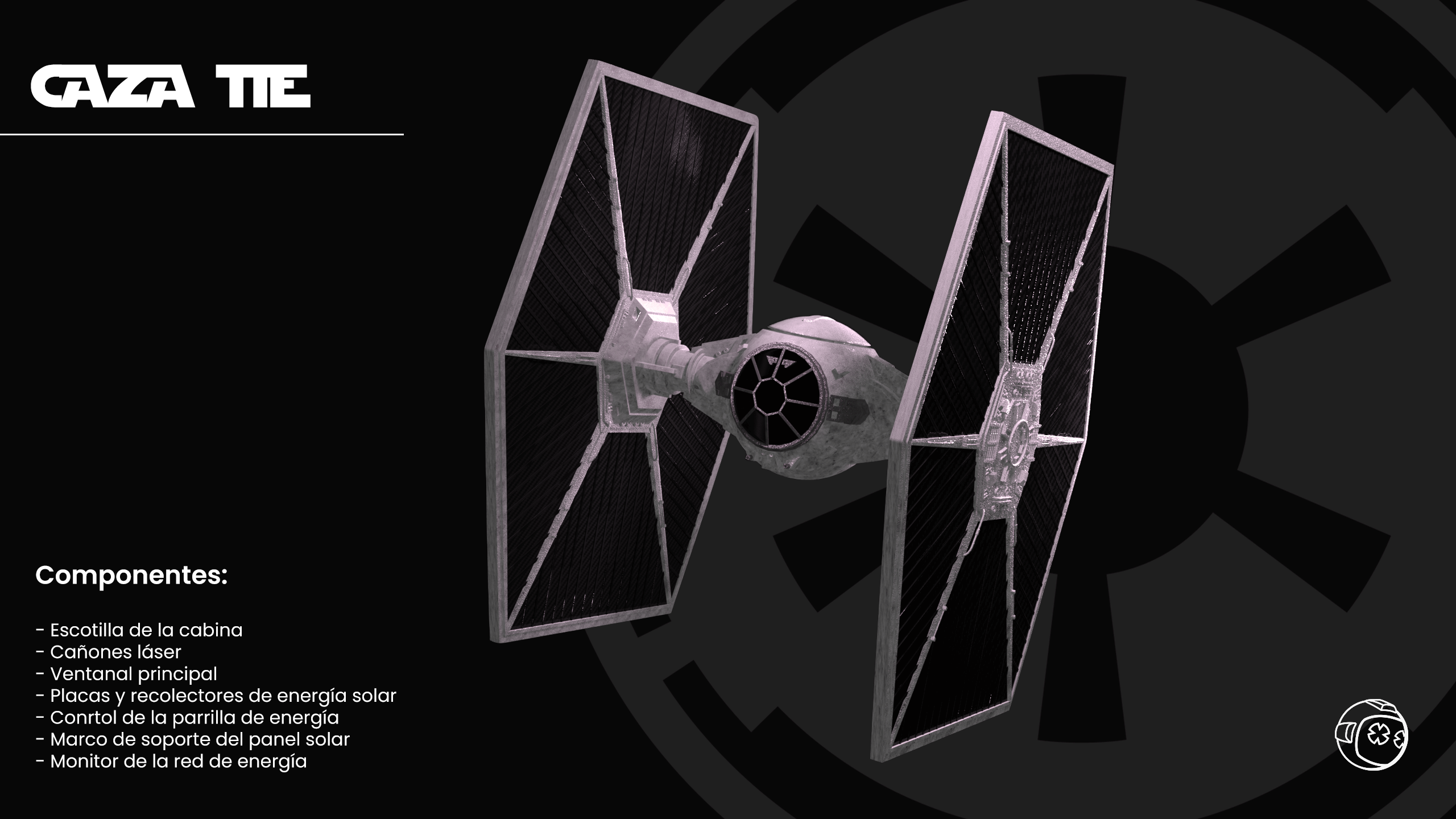 Presentación del Caza TIE de Star Wars modelado 3D y su diseño de componentes