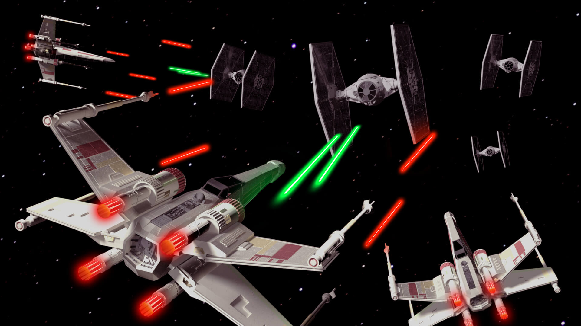 Diseño de un entorno 3D confrontando tres Cazas TIE y tres Ala X