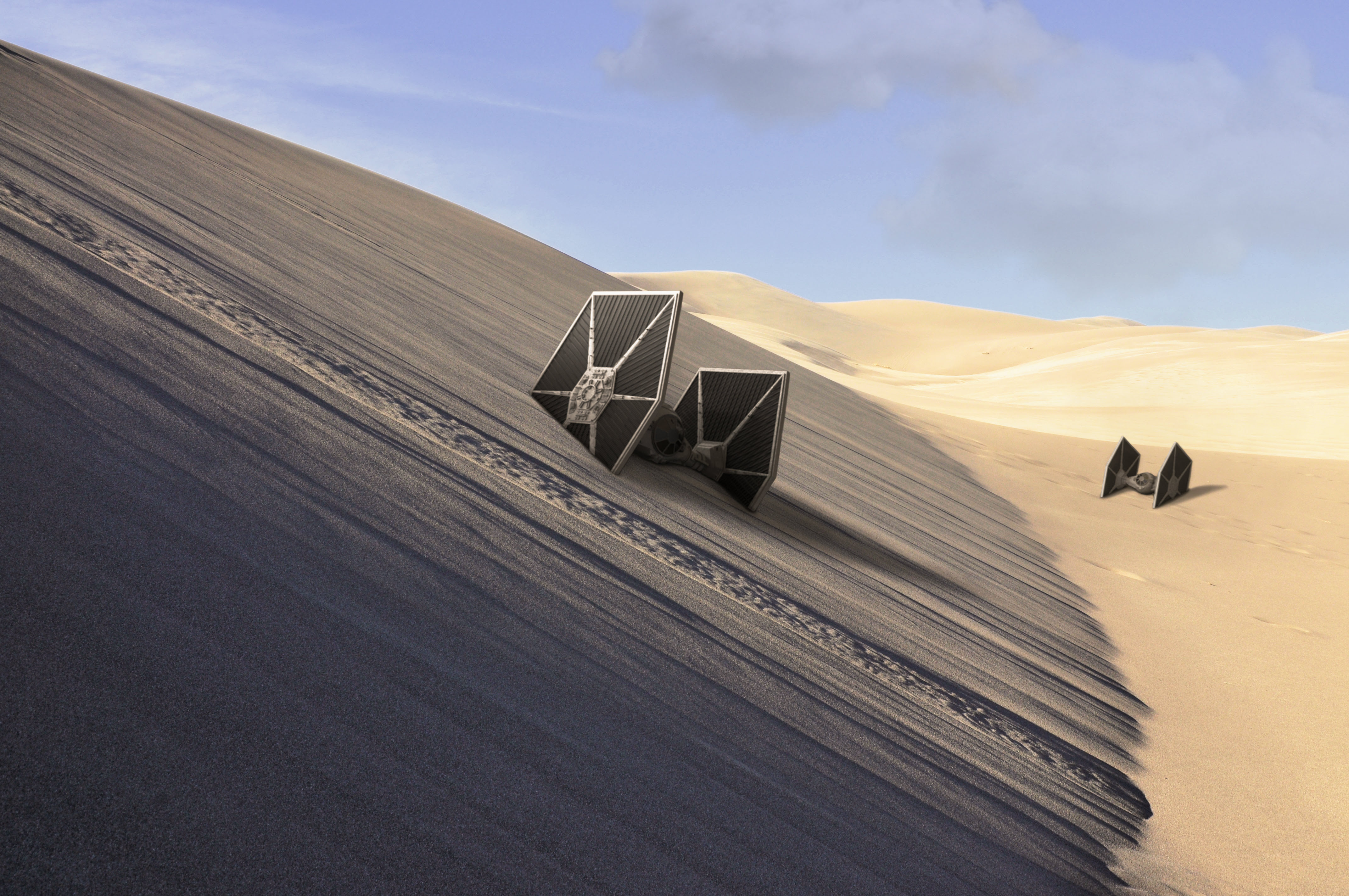 Integración del Caza TIE 3D en una imagen del desierto